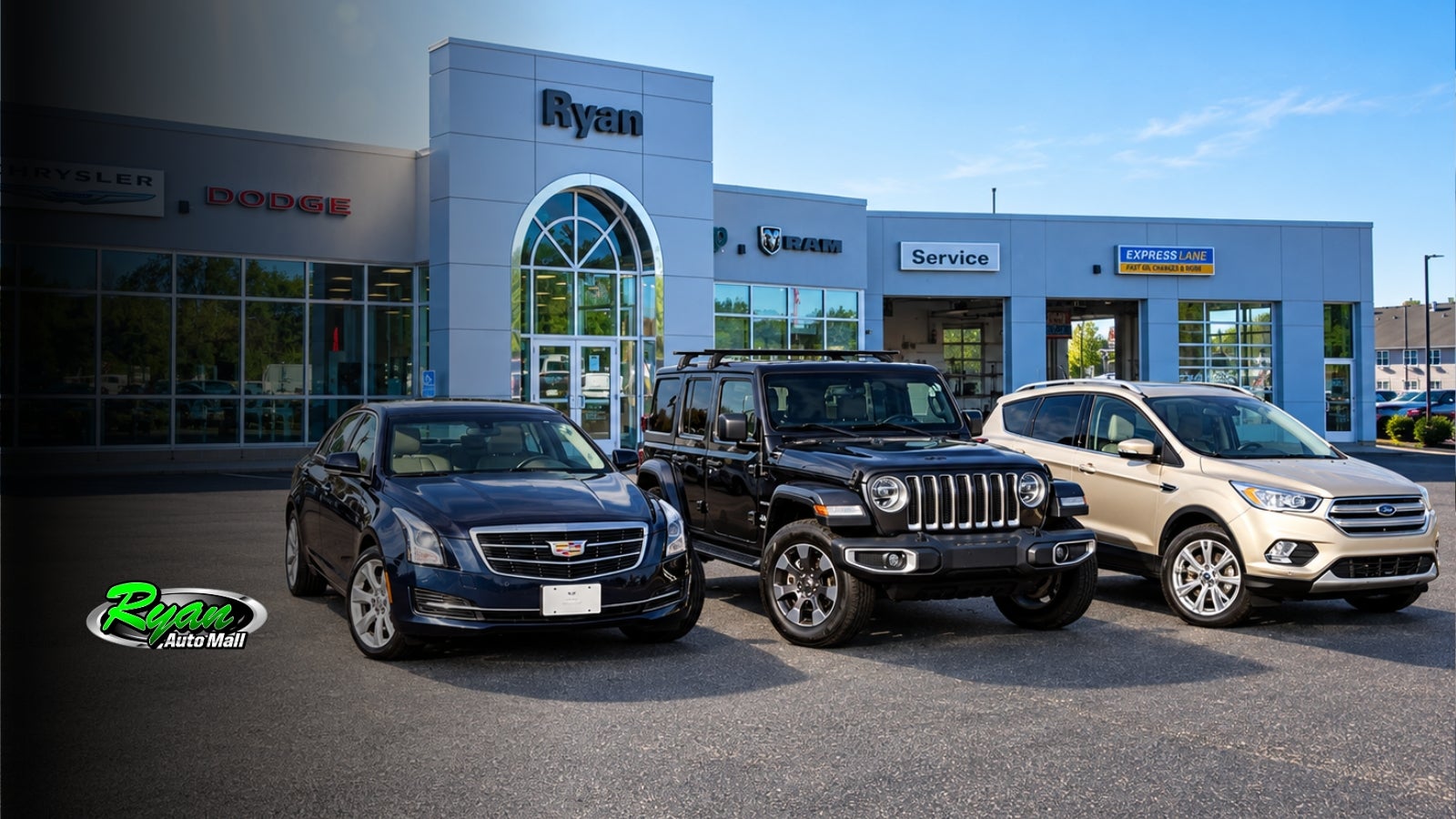 Cadillac sedan, Jeep Wrangler, and Ford Escape in front of Ryan Chrysler Dodge Jeep Ram of Buffalo